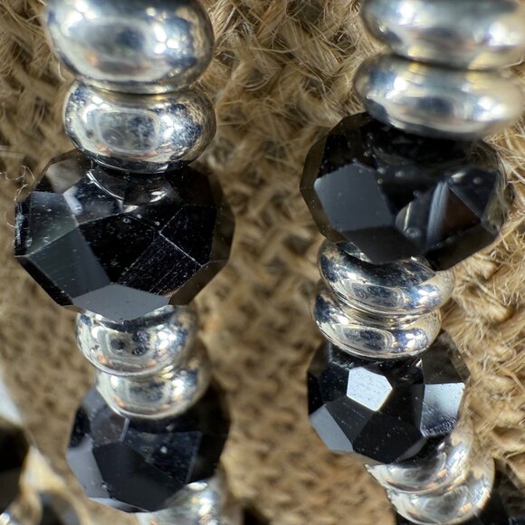 Black Faceted Beaded Necklace Three Strand Silver Tone Accents Vintage Classic - Picture 11 of 16